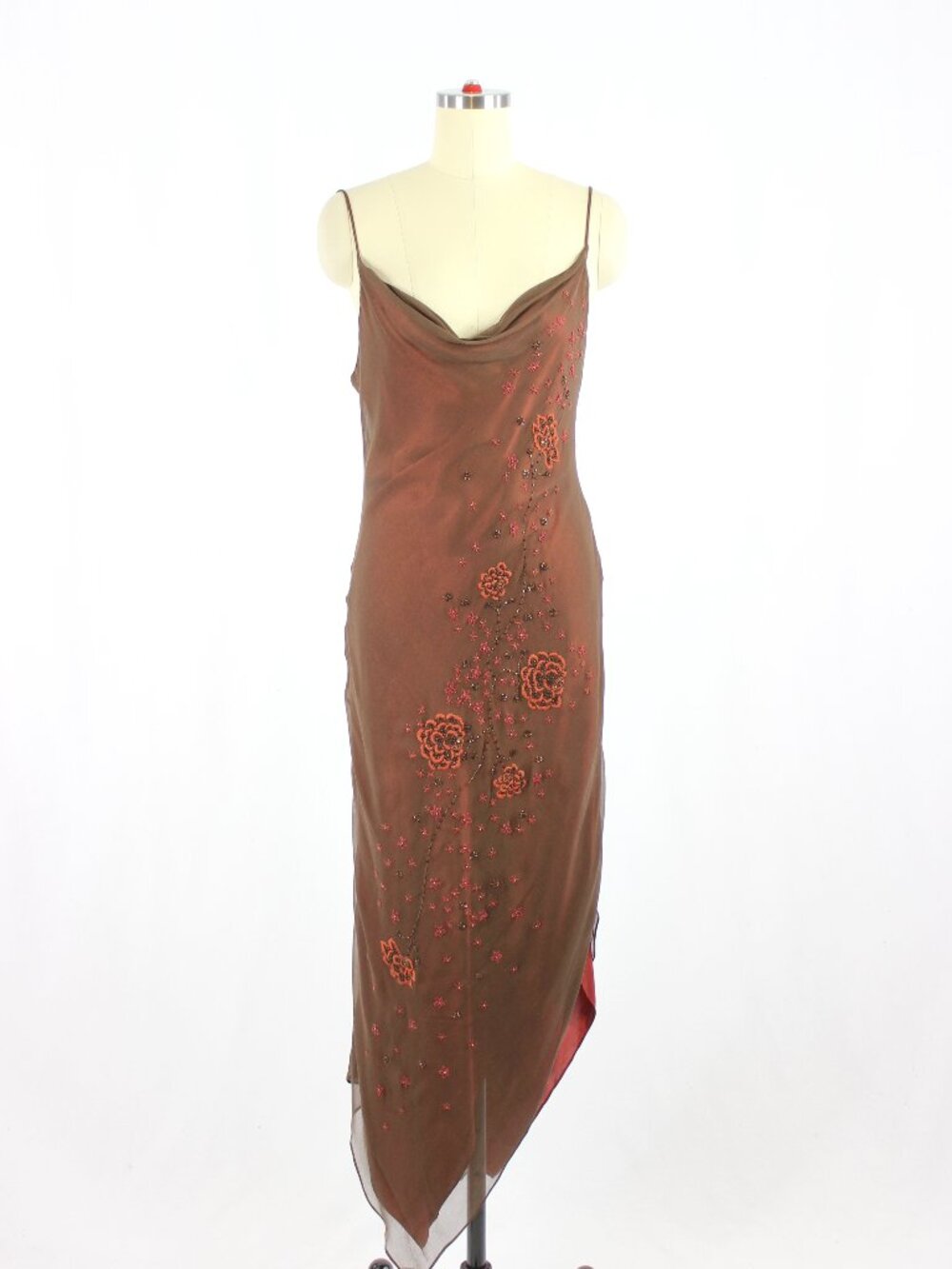 Vintage 90's LILLIE RUBIN Brown Red Beaded 100% Silk Chiffon Slip Dress, Size 8